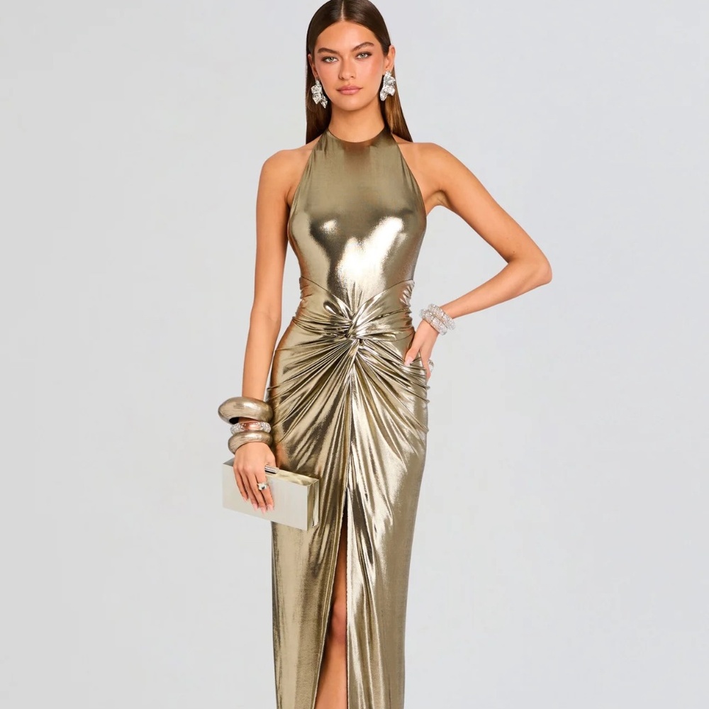 Retrofête Pewter Metallic Gown — Halter, Ruched Waist, Slit, Size Small